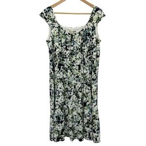 Signature Ella Floral Sundress Sz 16W White Navy Green Cap Sleeve Dress EUC